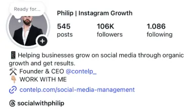 Philip Instagram profile after working with Contelp